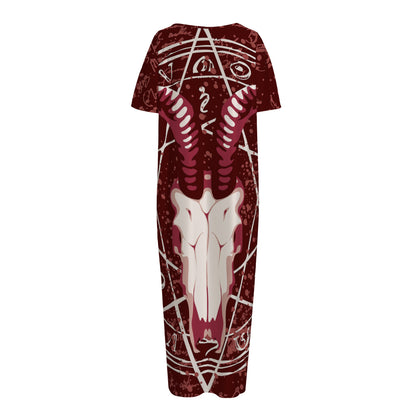 Goat Skull Pentagram Print Short Sleeve Long Nightdress