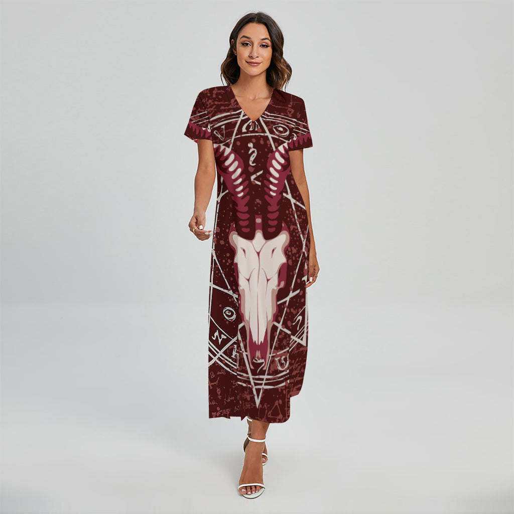 Goat Skull Pentagram Print Short Sleeve Maxi Dress