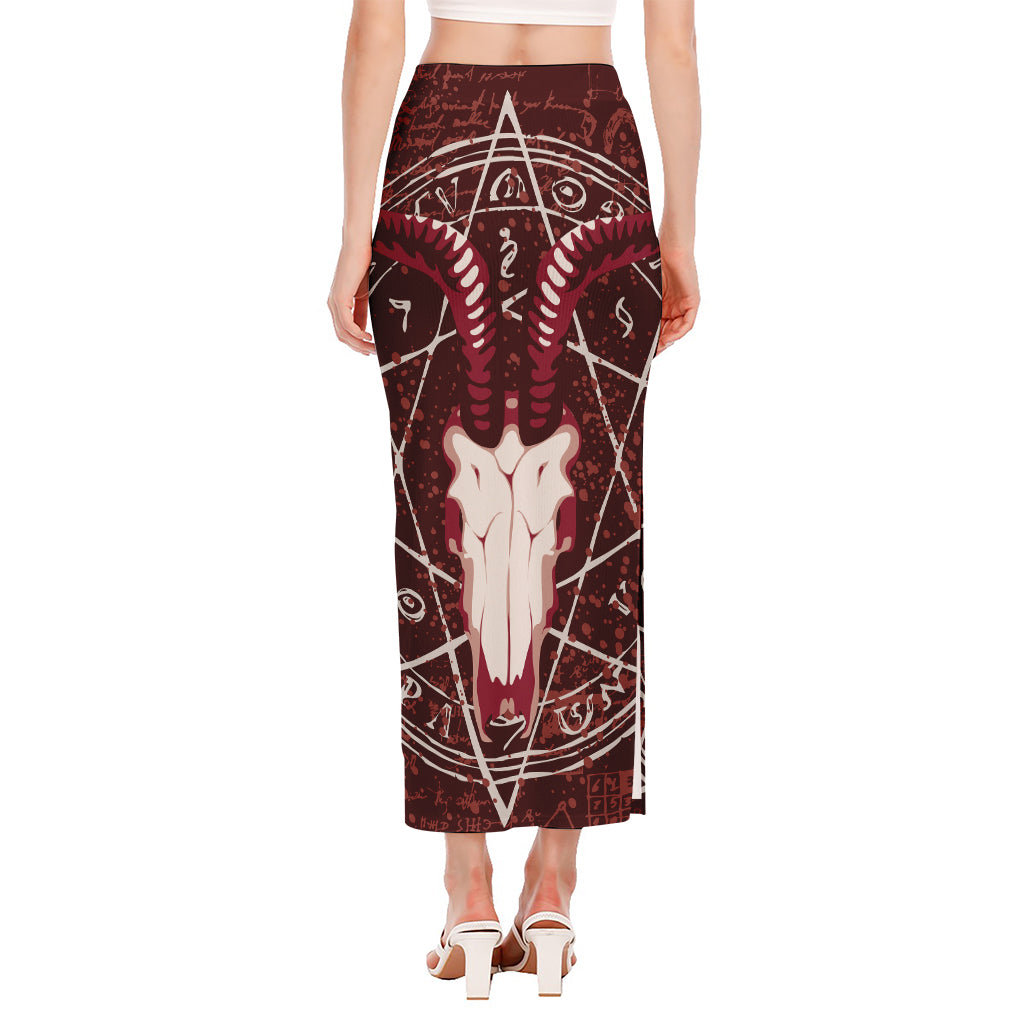 Goat Skull Pentagram Print Side Slit Maxi Skirt