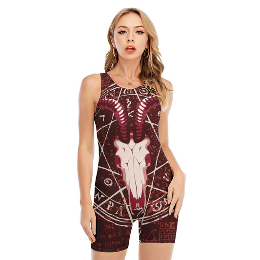 Goat Skull Pentagram Print Sleeveless One Piece Swimsuit