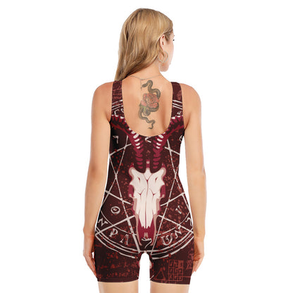 Goat Skull Pentagram Print Sleeveless One Piece Swimsuit