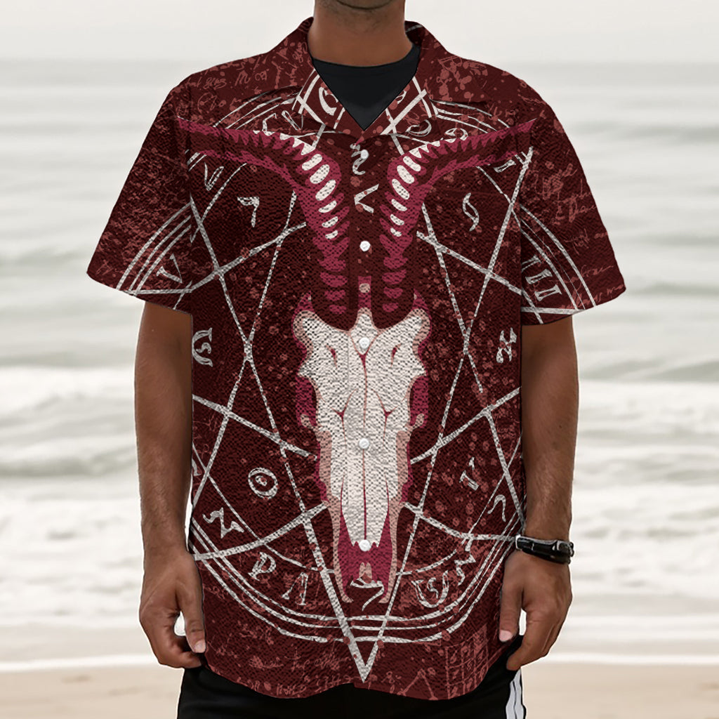 Goat Skull Pentagram Print Textured Short Sleeve Shirt
