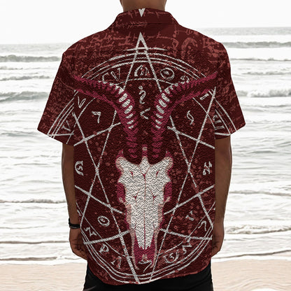 Goat Skull Pentagram Print Textured Short Sleeve Shirt