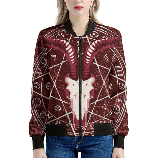 Goat Skull Pentagram Print Women's Bomber Jacket
