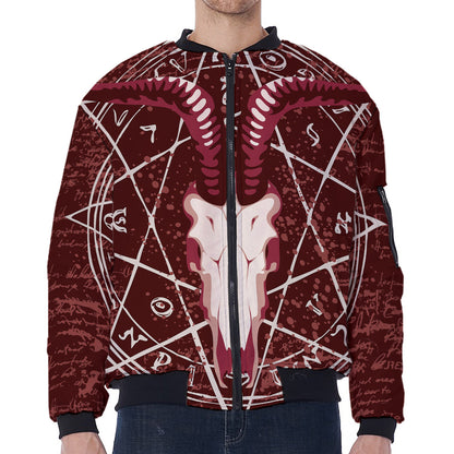 Goat Skull Pentagram Print Zip Sleeve Bomber Jacket