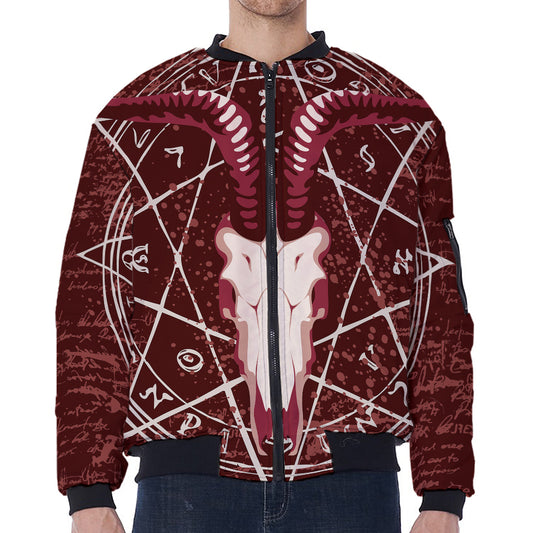 Goat Skull Pentagram Print Zip Sleeve Bomber Jacket