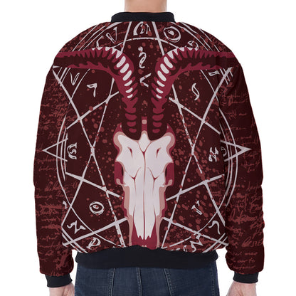 Goat Skull Pentagram Print Zip Sleeve Bomber Jacket