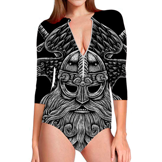 God Odin With Huginn And Muninn Print Long Sleeve Swimsuit