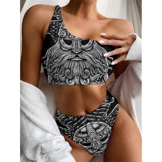 God Odin With Huginn And Muninn Print One Shoulder Bikini Top