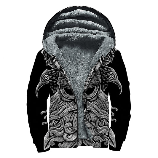God Odin With Huginn And Muninn Print Sherpa Lined Zip Up Hoodie