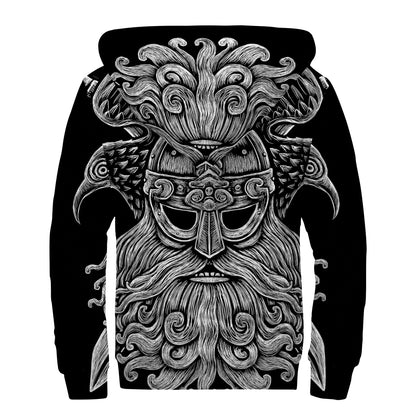 God Odin With Huginn And Muninn Print Sherpa Lined Zip Up Hoodie