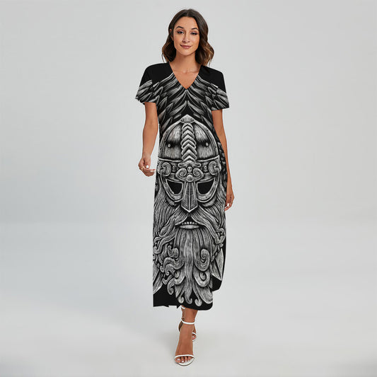 God Odin With Huginn And Muninn Print Short Sleeve Maxi Dress
