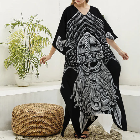 God Odin With Huginn And Muninn Print Silk V-Neck Kaftan Dress