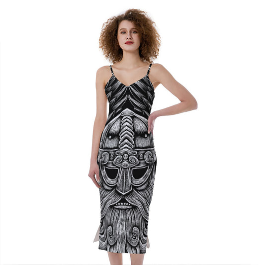 God Odin With Huginn And Muninn Print Slim Fit Midi Cami Dress
