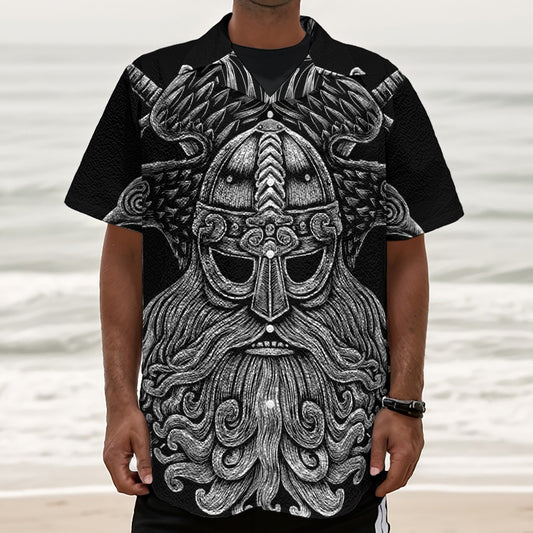 God Odin With Huginn And Muninn Print Textured Short Sleeve Shirt