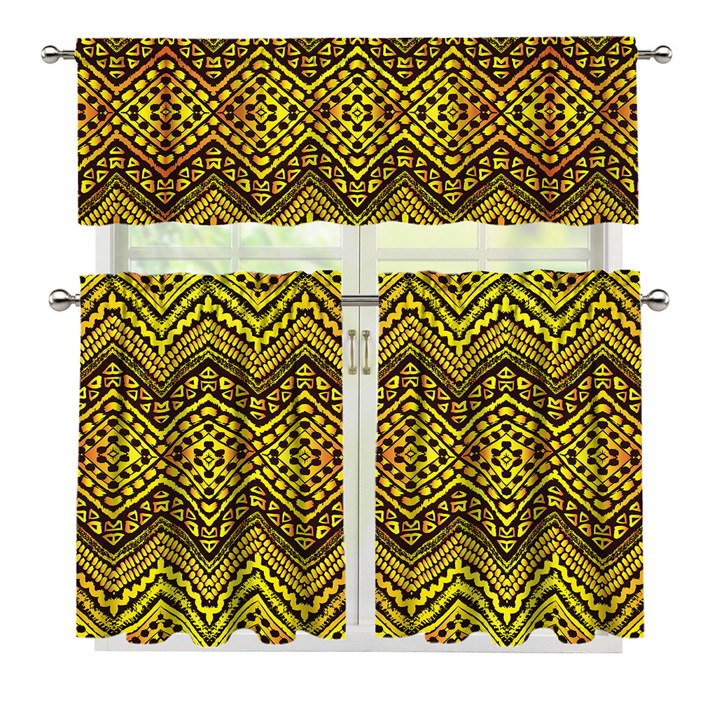 Gold African Ethnic Tribal Pattern Print 3 Piece Kitchen Curtains