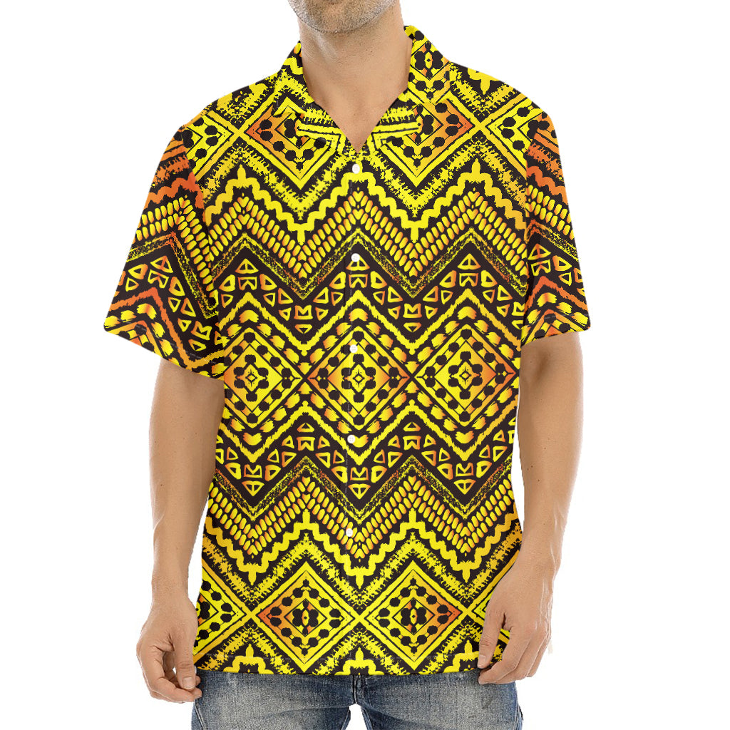 Gold African Ethnic Tribal Pattern Print Aloha Shirt