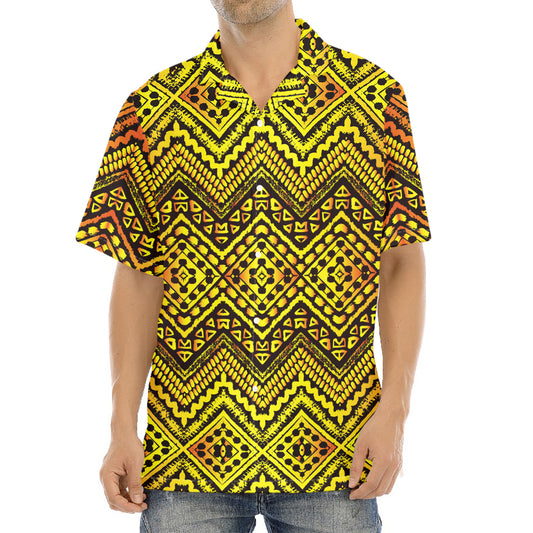 Gold African Ethnic Tribal Pattern Print Aloha Shirt