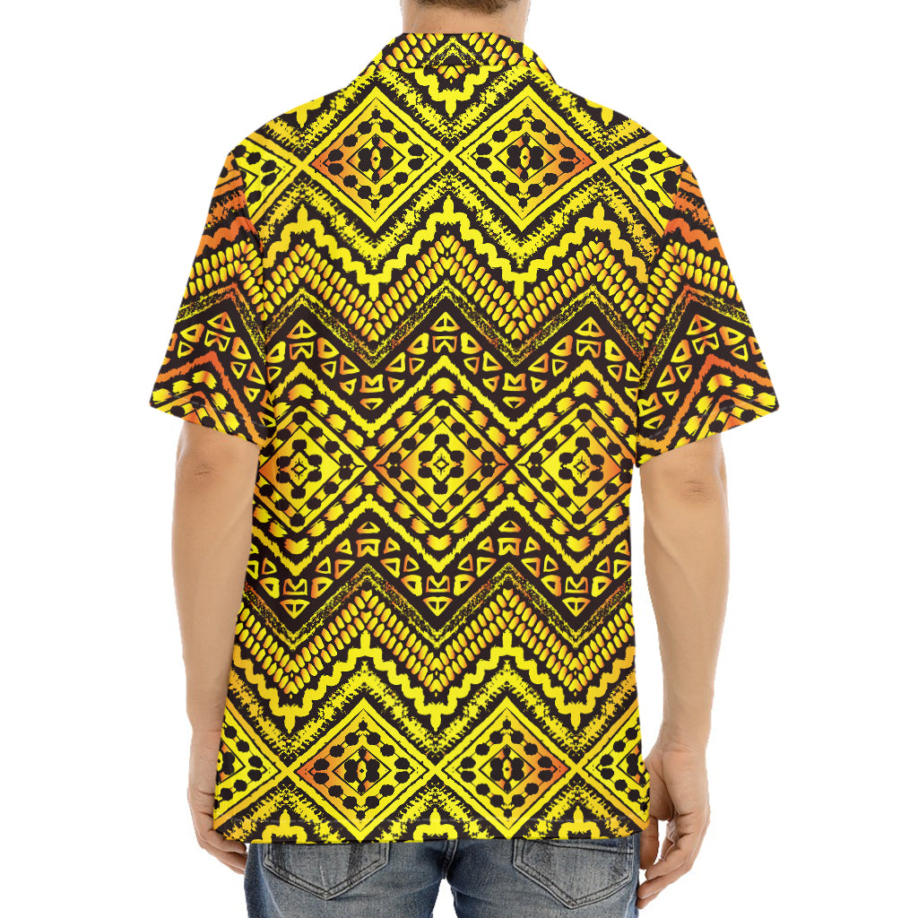 Gold African Ethnic Tribal Pattern Print Aloha Shirt