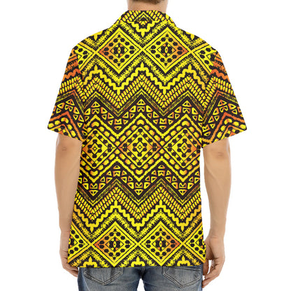 Gold African Ethnic Tribal Pattern Print Aloha Shirt