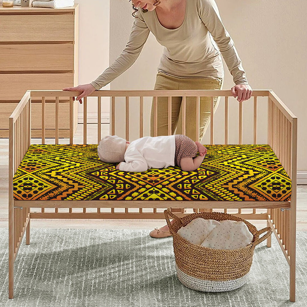 Gold African Ethnic Tribal Pattern Print Baby Crib Sheet