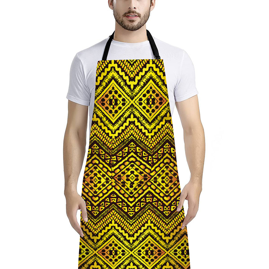 Gold African Ethnic Tribal Pattern Print Bib Apron With Pocket