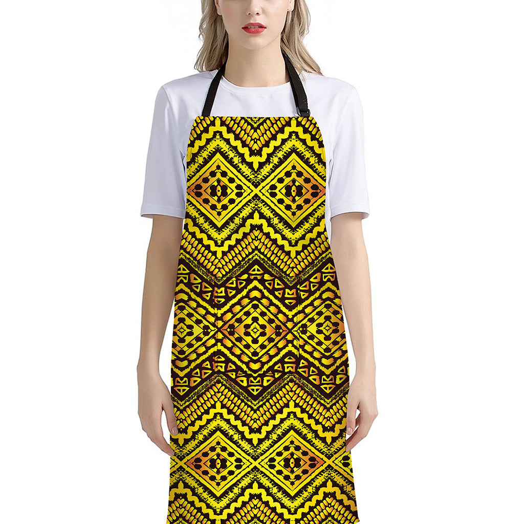 Gold African Ethnic Tribal Pattern Print Bib Apron With Pocket