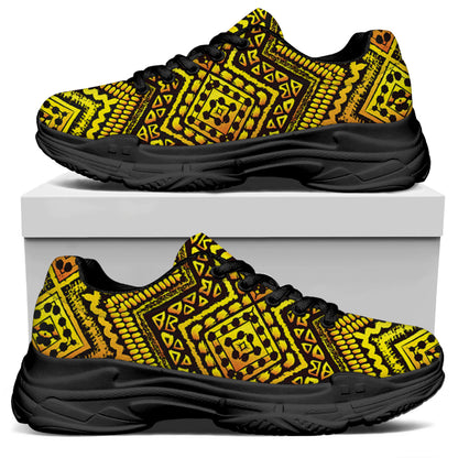 Gold African Ethnic Tribal Pattern Print Black Chunky Shoes
