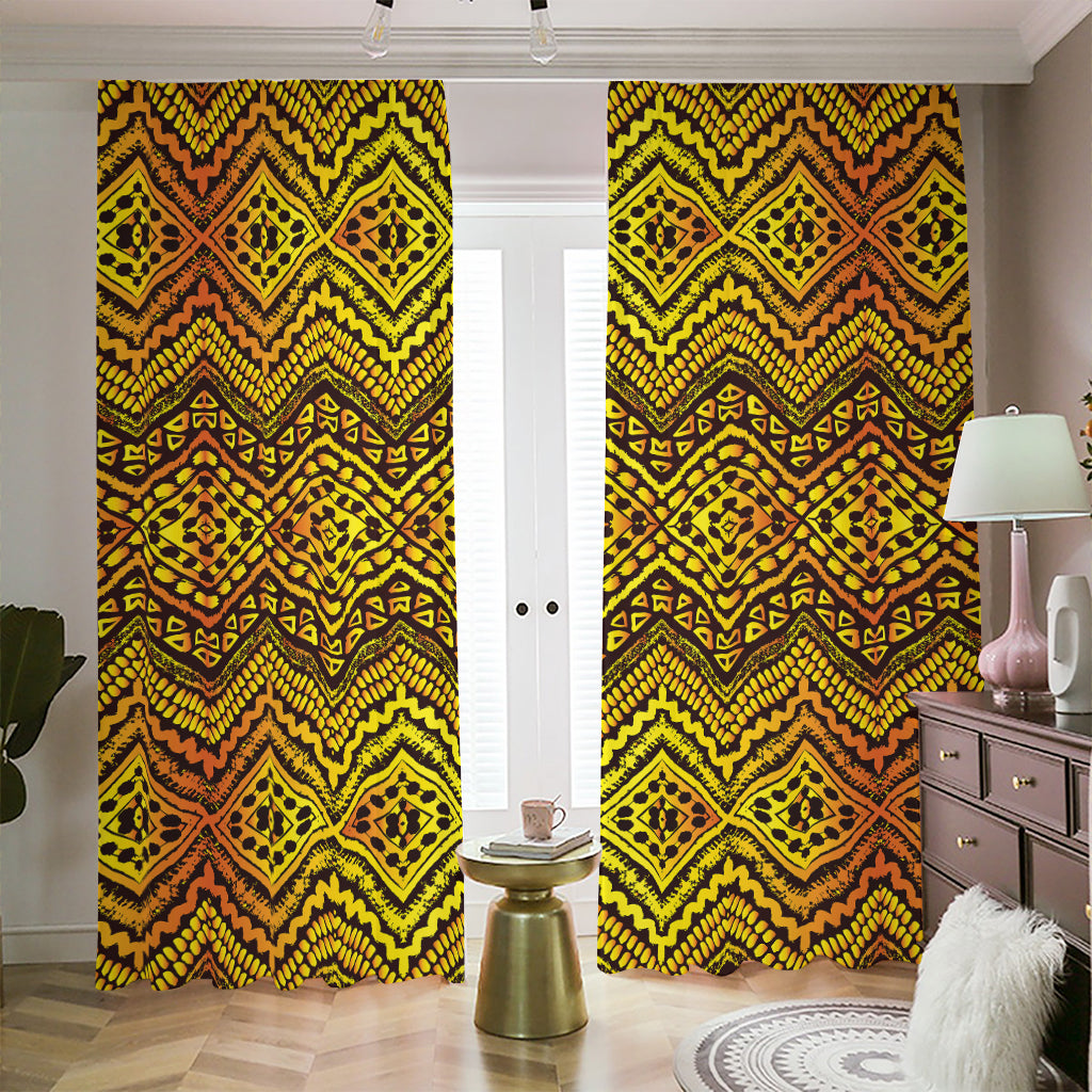 Gold African Ethnic Tribal Pattern Print Blackout Pencil Pleat Curtains