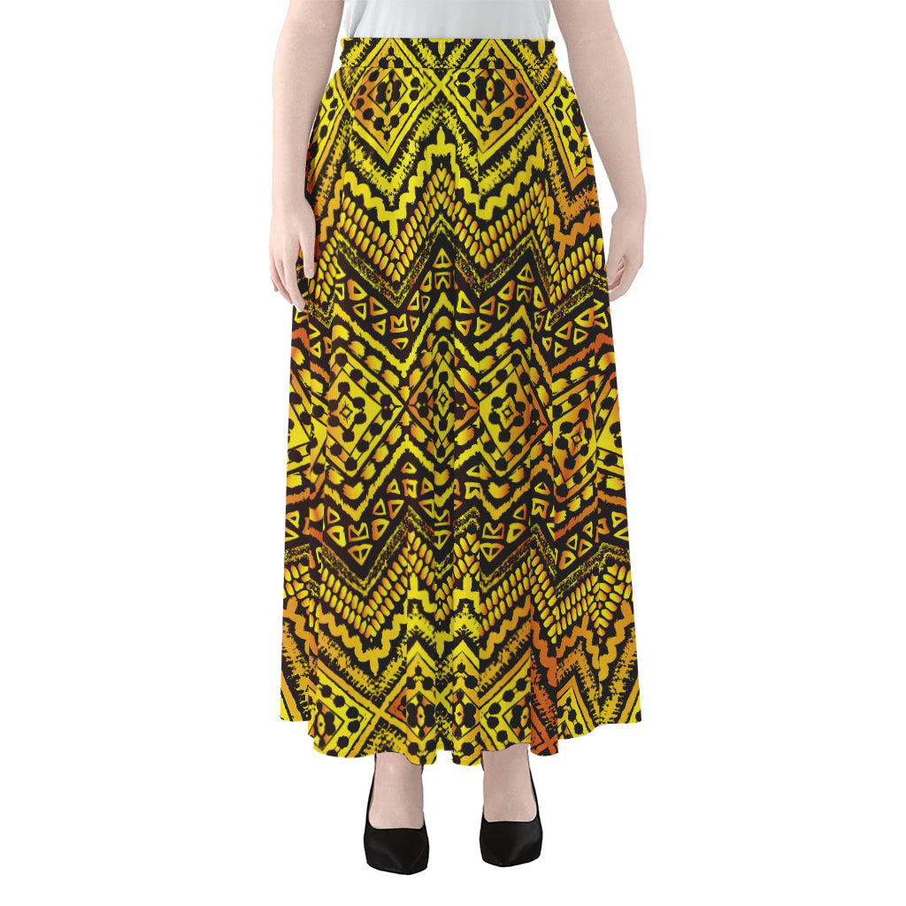 Gold African Ethnic Tribal Pattern Print Chiffon Maxi Skirt