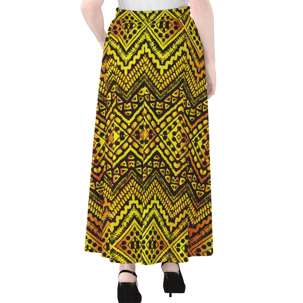 Gold African Ethnic Tribal Pattern Print Chiffon Maxi Skirt
