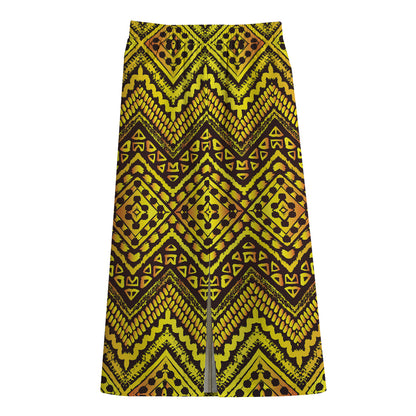Gold African Ethnic Tribal Pattern Print Cotton Front Slit Maxi Skirt