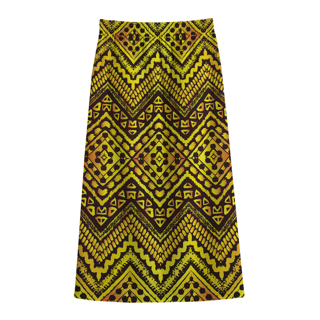 Gold African Ethnic Tribal Pattern Print Cotton Front Slit Maxi Skirt