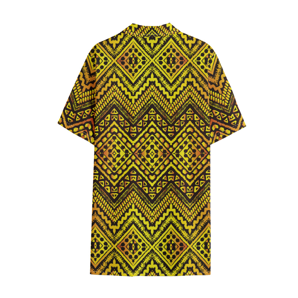 Gold African Ethnic Tribal Pattern Print Cotton Hawaiian Shirt