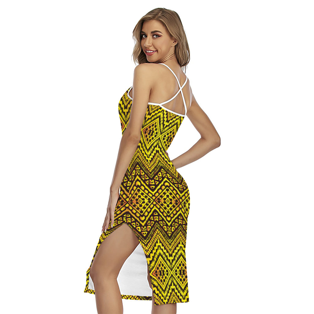 Gold African Ethnic Tribal Pattern Print Cross Back Cami Dress