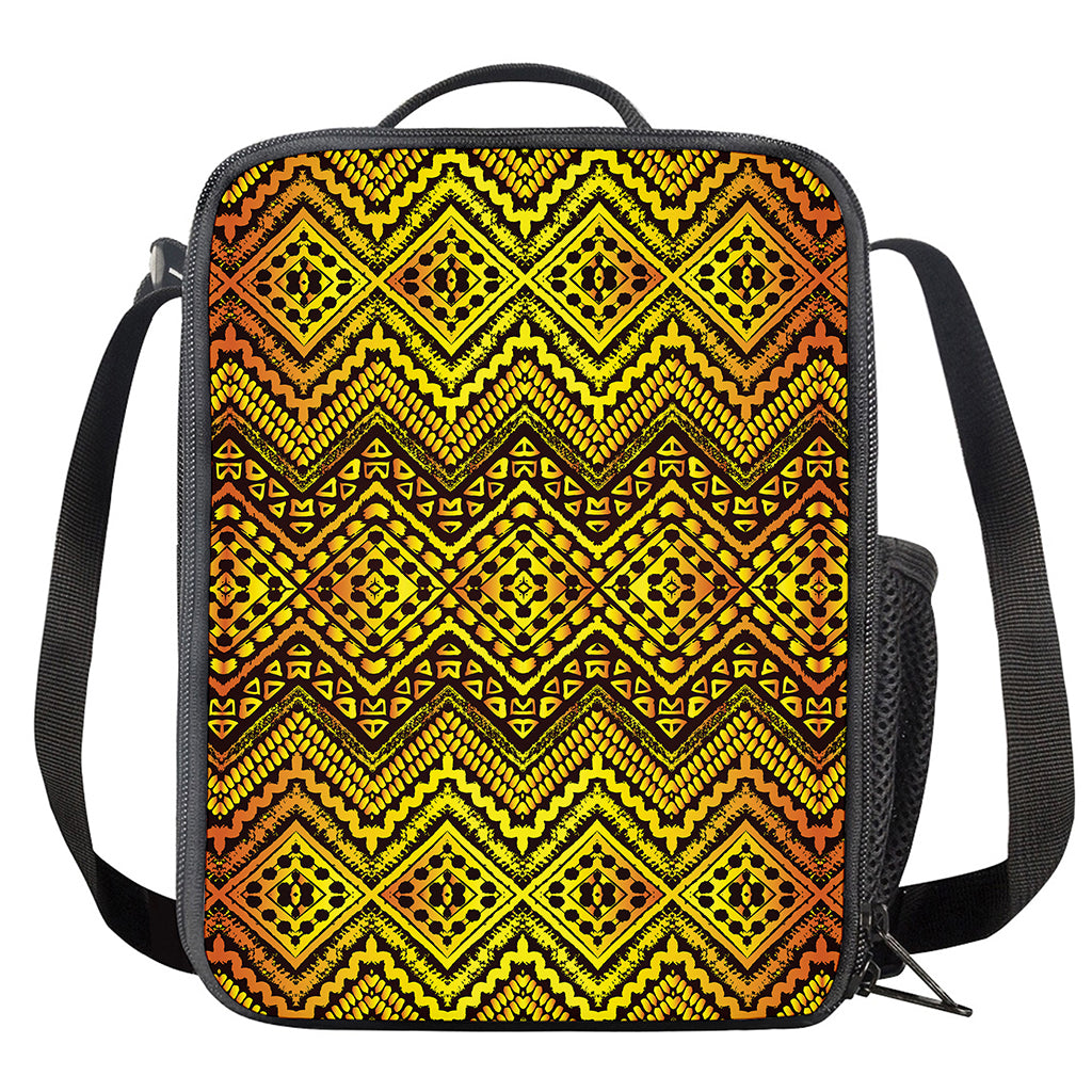 Gold African Ethnic Tribal Pattern Print Crossbody Lunch Bag