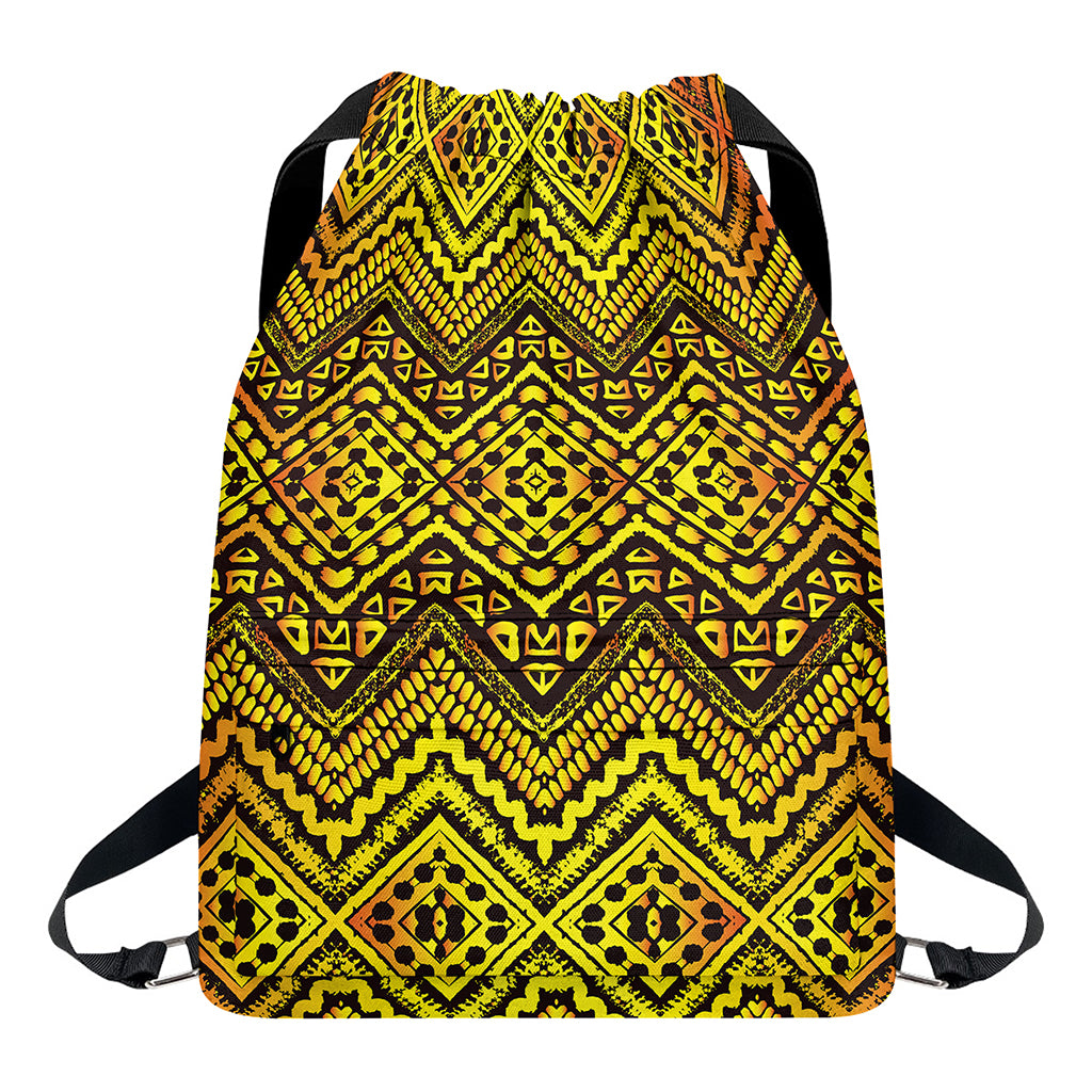 Gold African Ethnic Tribal Pattern Print Drawstring Backpack