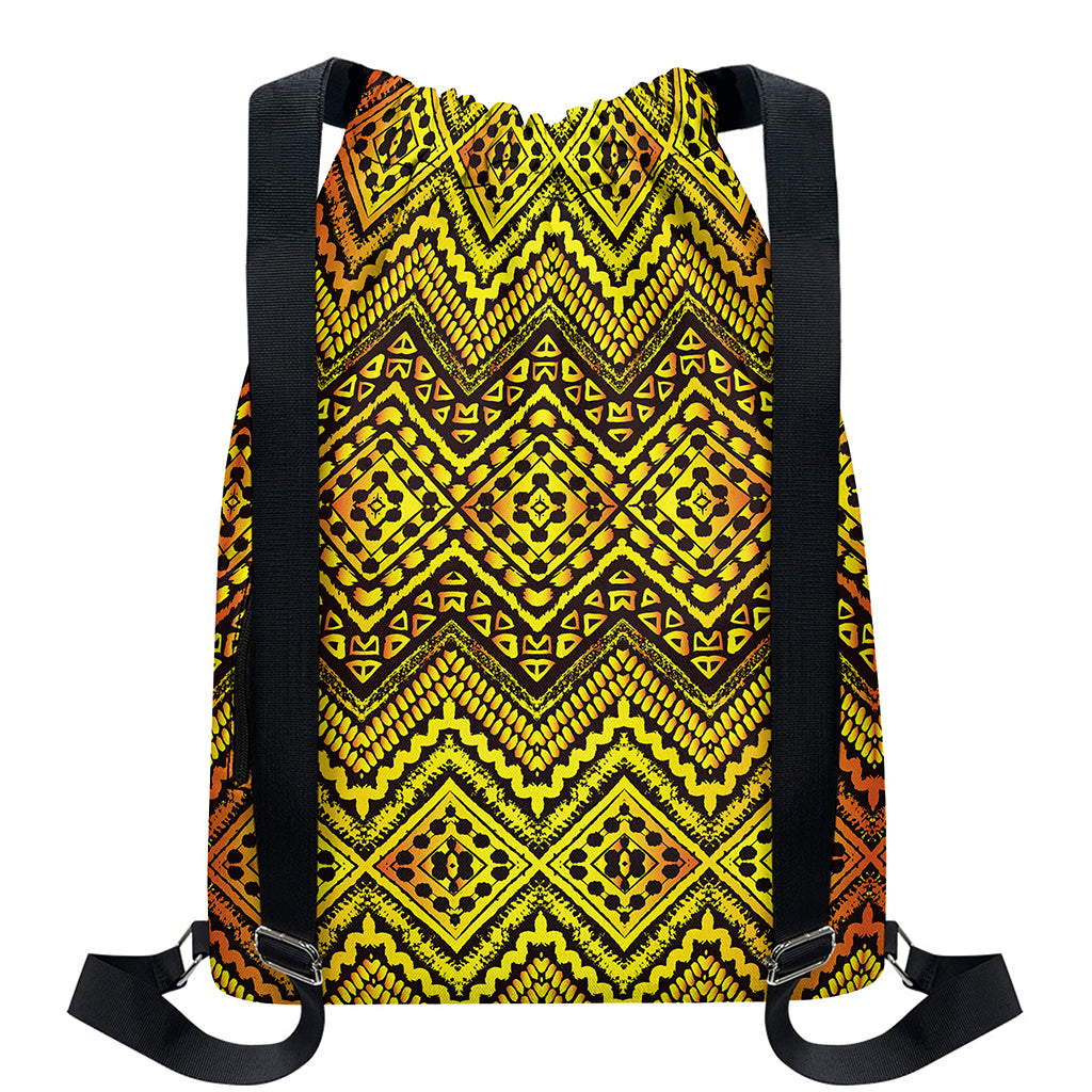 Gold African Ethnic Tribal Pattern Print Drawstring Backpack