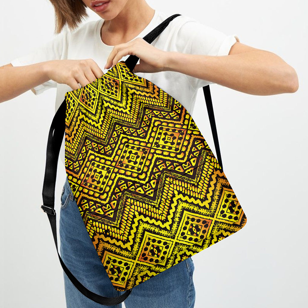 Gold African Ethnic Tribal Pattern Print Drawstring Backpack