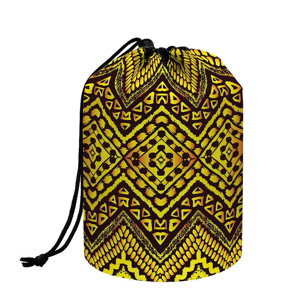 Gold African Ethnic Tribal Pattern Print Drawstring Makeup Bag