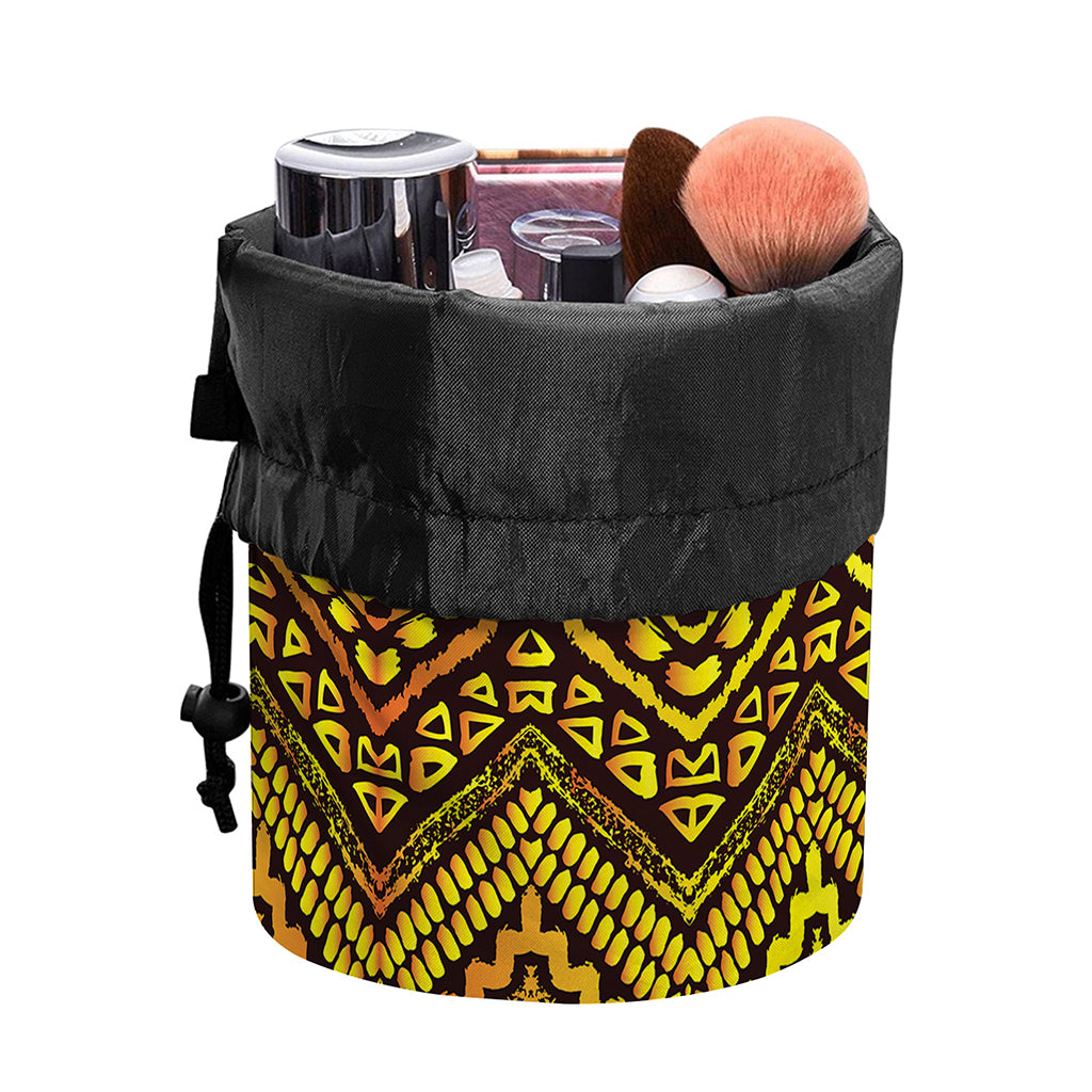 Gold African Ethnic Tribal Pattern Print Drawstring Makeup Bag
