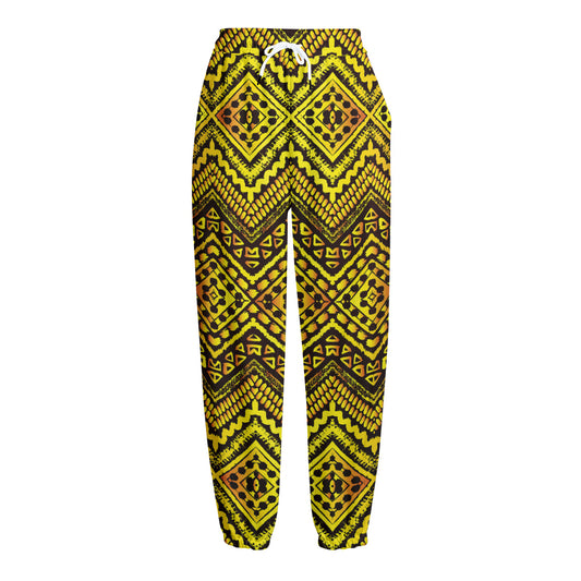Gold African Ethnic Tribal Pattern Print Fleece Lined Knit Pants