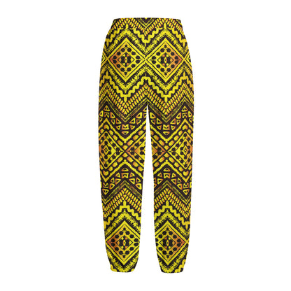 Gold African Ethnic Tribal Pattern Print Fleece Lined Knit Pants