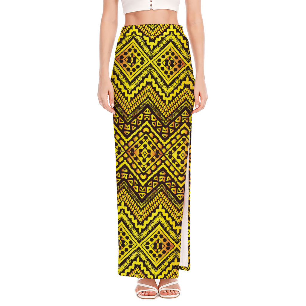 Gold African Ethnic Tribal Pattern Print High Slit Maxi Skirt