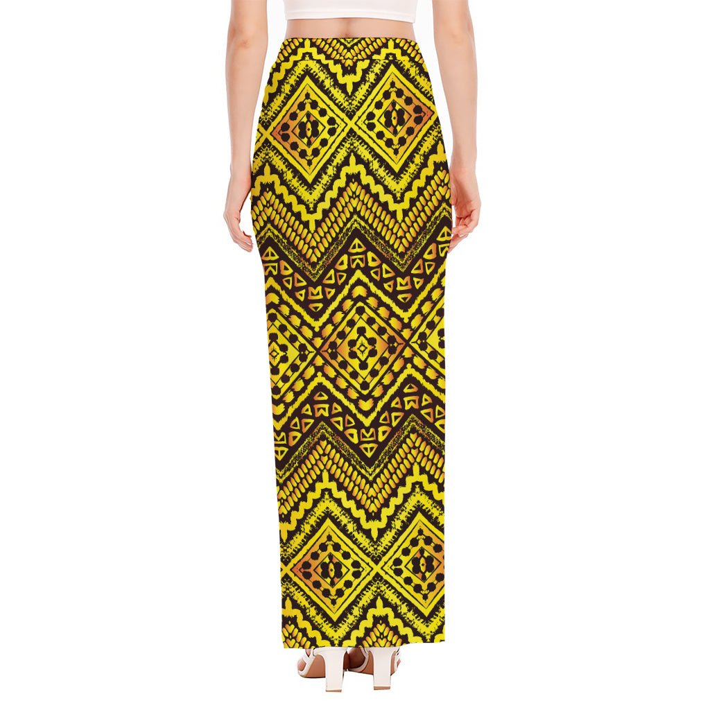 Gold African Ethnic Tribal Pattern Print High Slit Maxi Skirt