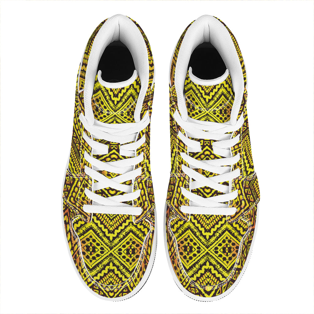 Gold African Ethnic Tribal Pattern Print High Top Leather Sneakers