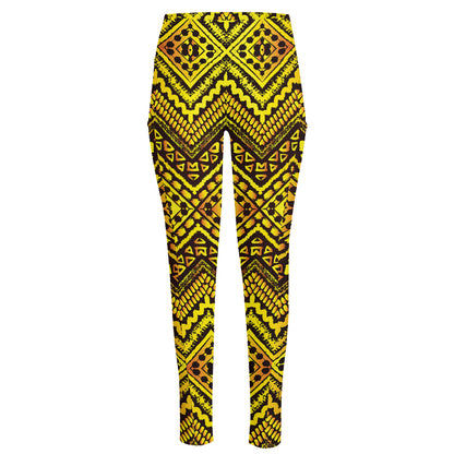 Gold African Ethnic Tribal Pattern Print High-Waisted Pocket Leggings