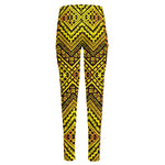 Gold African Ethnic Tribal Pattern Print High-Waisted Pocket Leggings