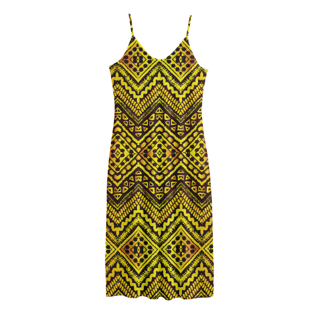 Gold African Ethnic Tribal Pattern Print Jersey Midi Cami Dress