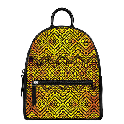 Gold African Ethnic Tribal Pattern Print Leather Backpack